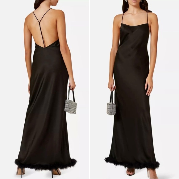 Simon Miller Kizo Black Feather Trim Open Back Maxi Slip Dress Gown Large - Picture 13 of 13